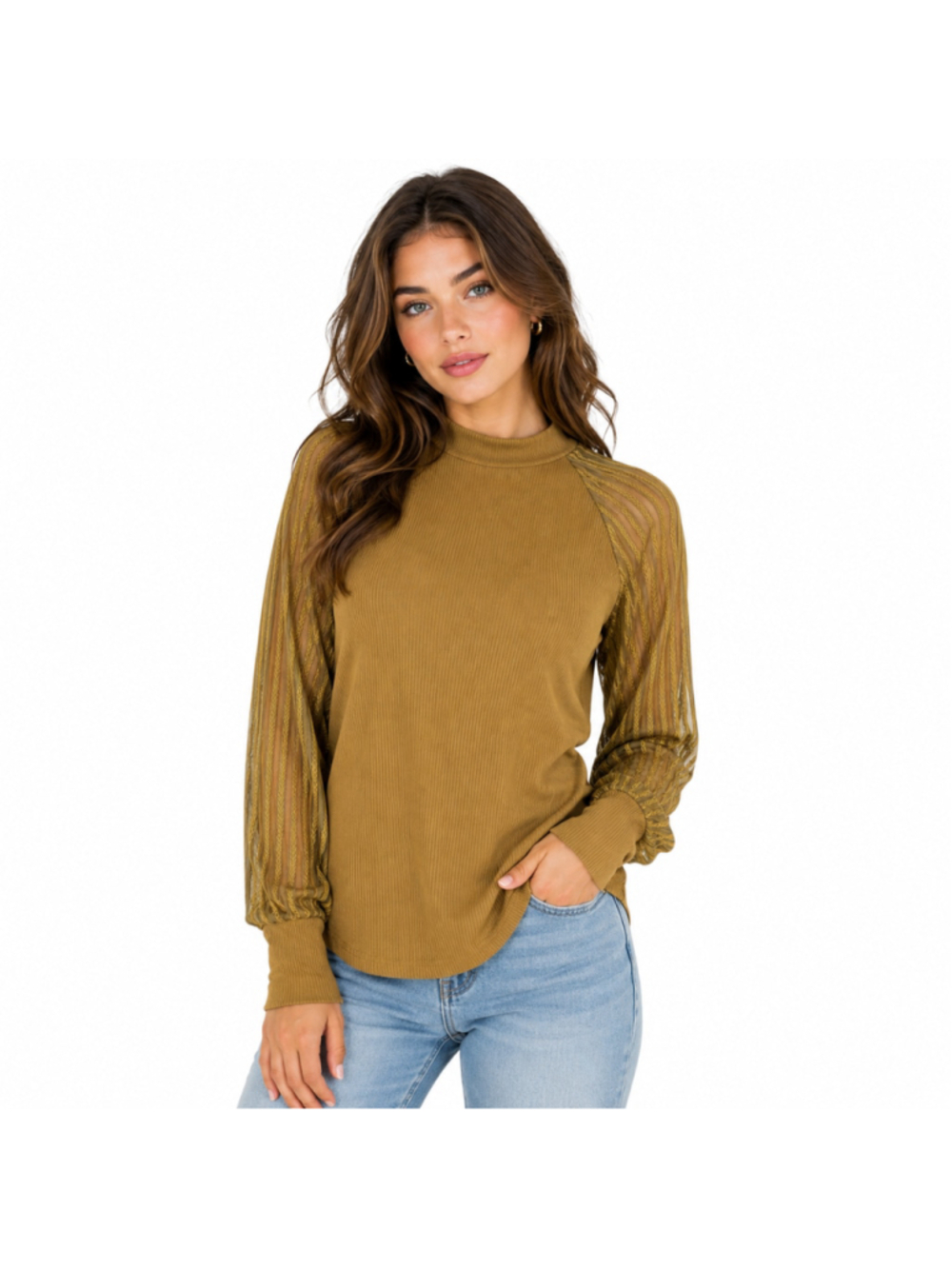 Women’s Dokotoo Mock-Neck Ribbed Long-Sleeve Blouse – Mustard – Size L – NWT